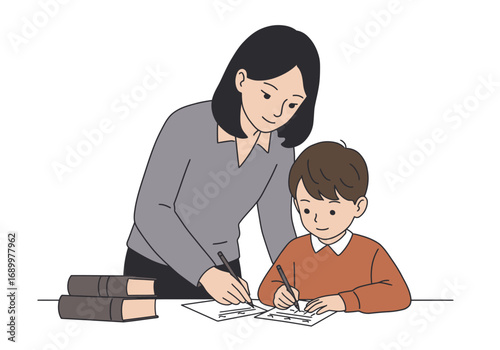 Teacher Helping Student with Homework at Desk with Books