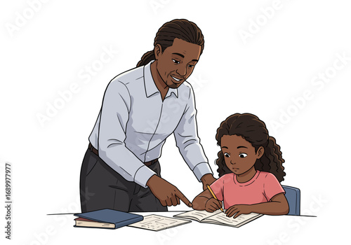 Man Helping Young Girl with Homework at Desk
