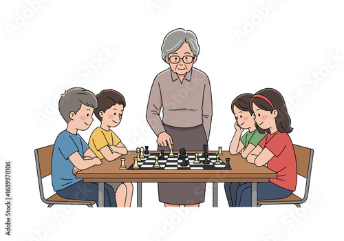 Cartoon Illustration of Children Learning Chess from an Elderly Woman