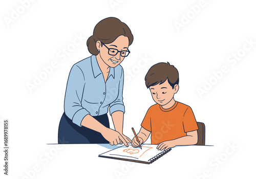 Teacher Assisting Student with Drawing in Classroom Setting