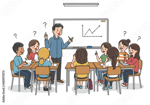 Cartoon Illustration of a Classroom Setting with Students and Teacher