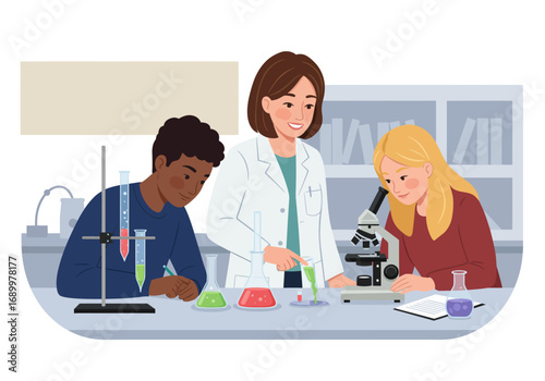 Students and Teacher Conducting Science Experiment in Laboratory with Microscope and Chemicals