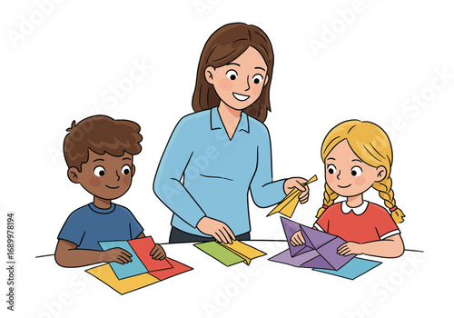 Teacher and Students Doing Origami Craft Activity Together