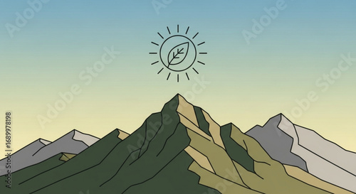 A serene mountain landscape with a sun icon featuring a leaf, symbolizing nature, environment, and sustainability, creating a peaceful and ecofriendly vibe