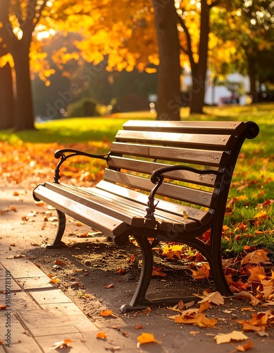 Serene park bench amidst autumn foliage and sunlight