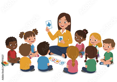 Teacher and Diverse Children Playing Card Game in Classroom Setting