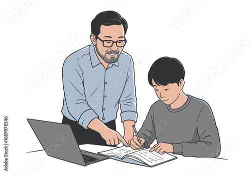 Tutor Assisting Student with Homework at Desk with Laptop