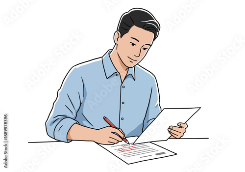 Man reviewing document with red pen, wearing a blue shirt.