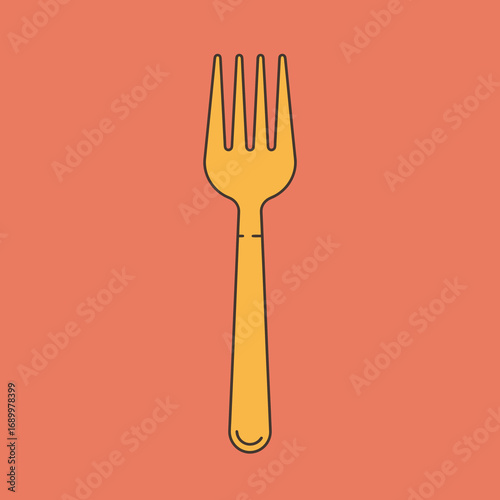 A simple illustration of a yellow fork on a coral background, symbolizing dining and food.