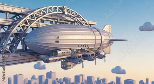 Airship zeppelin flying over city bridge transportation vintage travel dirigible adventure illustration is here