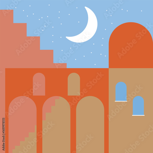 Print Old city minimalist boho illustration. Boho summer terracotta old city with stairs pattern for design tourism agency flyer, summer birthday greeting card, resort party advertising