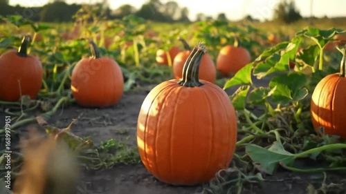 Vibrant pumpkins growing in a sunlit field, surrounded by green vines and a clear blue sky