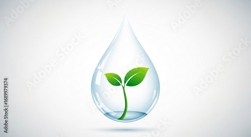 A delicate green sprout grows inside a crystal clear water droplet, symbolizing purity, growth, and the vital connection between nature and water