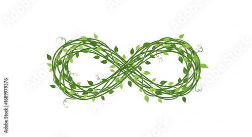 An infinity symbol made of green vines and leaves, , representing eternal growth, sustainability, and endless possibilities