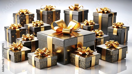 A collection of elegantly wrapped gift boxes with golden ribbons and bows, creating a festive and luxurious holiday or celebration atmosphere