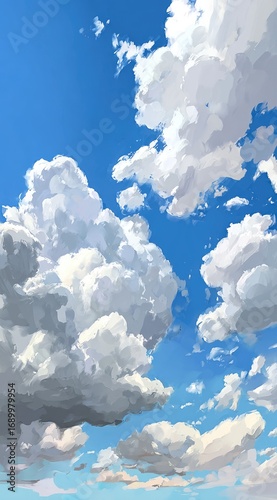 Upward view of fluffy white clouds in a bright blue sky. The artistic rendering appears hand-painted with visible brushstrokes and varying cloud textures