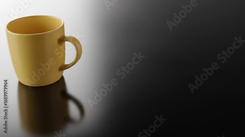Yellow ceramic mug placed on a reflective black surface, showcasing minimalistic design and lighting