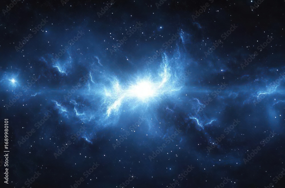 Fototapeta premium Bright blue nebula glowing intensely with swirling cosmic clouds and scattered stars in outer space