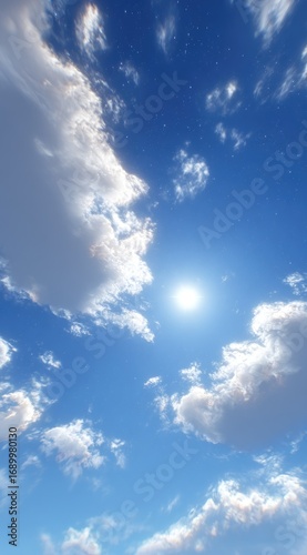 An upward view of a bright sun with shining rays in a clear blue sky dotted with fluffy white clouds, creating a serene, peaceful natural vista