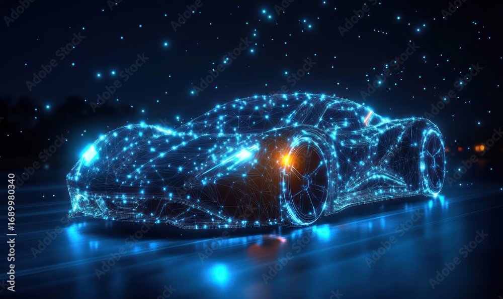 Obraz premium Futuristic glowing digital car composed of blue light connections on dark background emitting bright light and motion effect