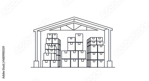 Line art illustration of a warehouse building filled with stacked cardboard boxes.