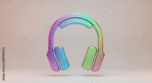 A holographic headphone with a vibrant, iridescent gradient, symbolizing modern audio technology and the immersive experience of listening to music
