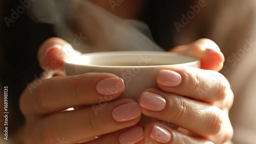 Warmth in Hand: Woman Enjoying Steaming Beverage Moment of Comfort and Relaxation