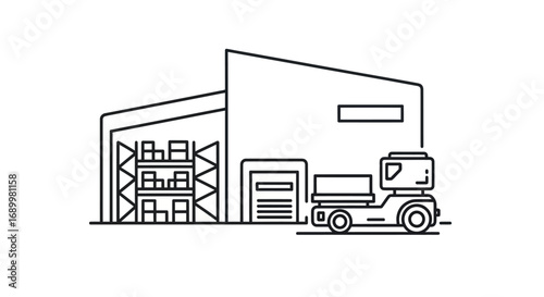 Black and White Warehouse with Delivery Truck Illustration.