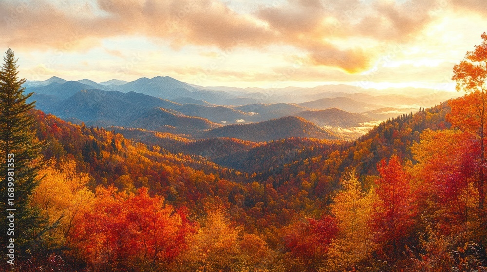 Fototapeta premium Colorful autumn forest with vibrant red, orange, and yellow leaves covering rolling hills under a bright sunrise sky in the mountains