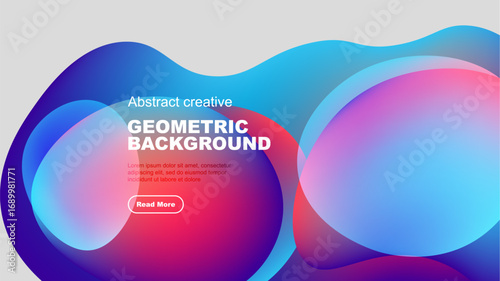 Abstract geometric background features vibrant overlapping shapes. Blue, pink, purple hues create modern design. Text present, button visible.