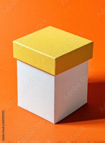 A white cubic box with a yellow lid sits on a vibrant orange surface, creating a striking contrast and minimalist aesthetic