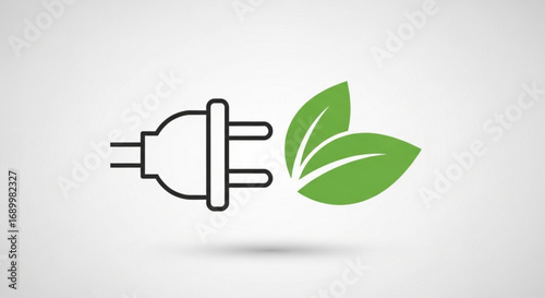 Green energy concept with electrical plug and leaves, representing renewable resources and environmental sustainability