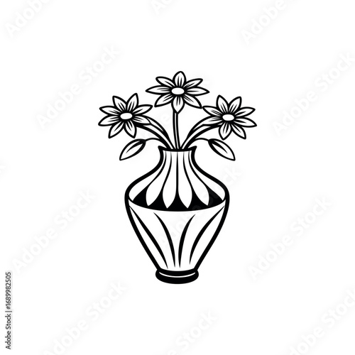 Elegant monochrome vase arrangement filled with delicate daisylike flowers and leaves silhouette vector