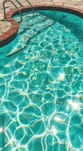 A captivating view of shimmering turquoise water in a spa, stairs leading down, brick edge visible, surface reflecting light in dazzling patterns