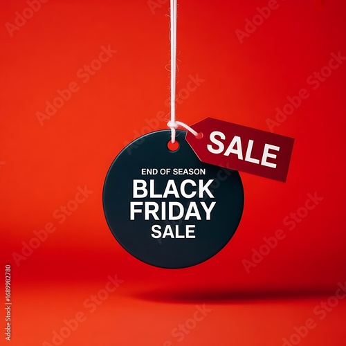 Black friday sale tag hanging with a red sale tag on a vibrant red background, end of season promotion