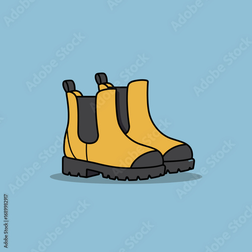 A pair of yellow chelsea boots with black soles on a light blue background.