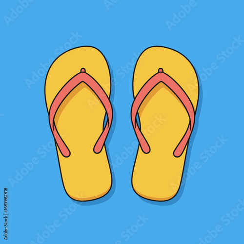 A pair of yellow flip-flops with pink straps on a blue background.