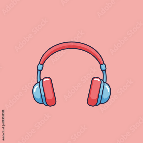 A colorful illustration of headphones on a pink background.
