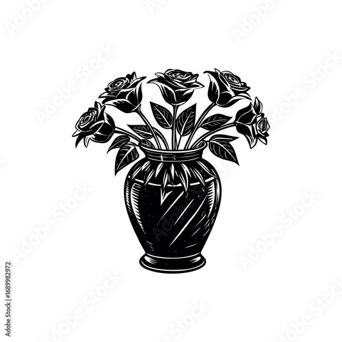 Elegant bouquet of roses in a patterned vase, rendered in striking monochrome silhouette vector