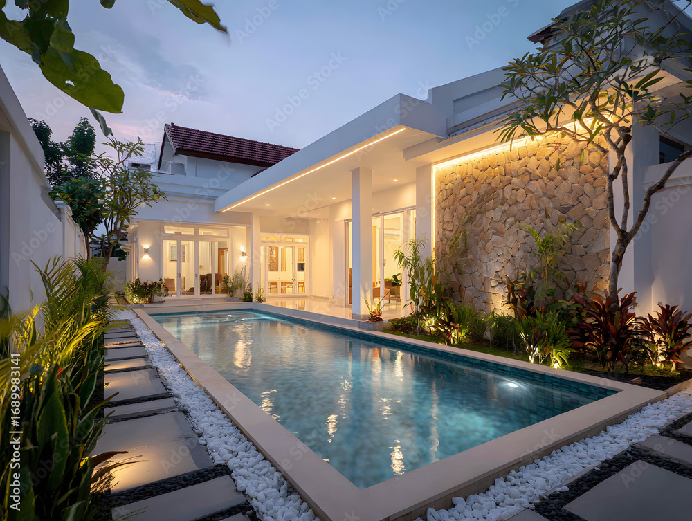 Fototapeta premium Swimming Pool at Modern Home at Dusk