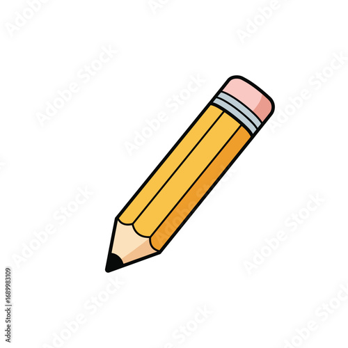 A simple illustration of a yellow pencil with a pink eraser, used for writing or drawing.