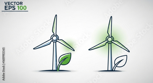 Two wind turbine icons with a leaf, symbolizing green energy, sustainability, and environmental consciousness