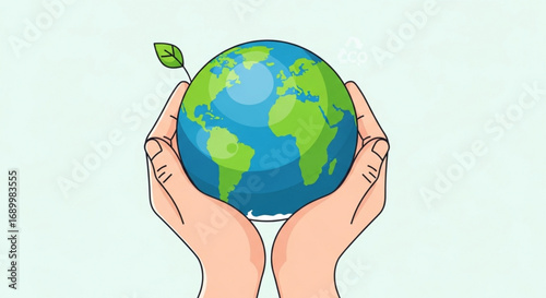 Hands holding the earth with a small plant, symbolizing environmental care, sustainability, and the importance of protecting our planet for future generations