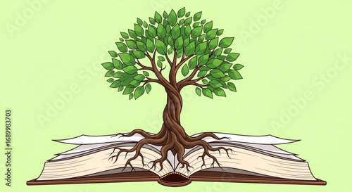 A tree growing from an open book, symbolizing knowledge, growth, and the power of education to nurture wisdom and understanding on light green background