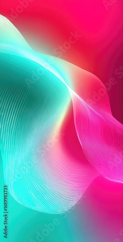 A flowing, abstract image featuring swirling turquoise and magenta colors with subtle curves of light creating a sense of dynamic movement and fluidity