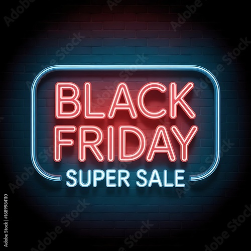Black friday super sale neon sign glowing on a dark brick wall, advertising a major shopping event with red and blue lights