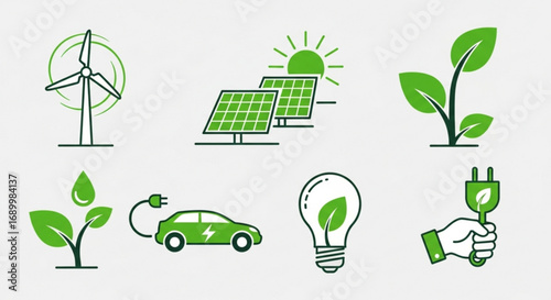 Ecofriendly energy icons set, showcasing sustainable solutions like solar panels, wind turbines, and electric vehicles