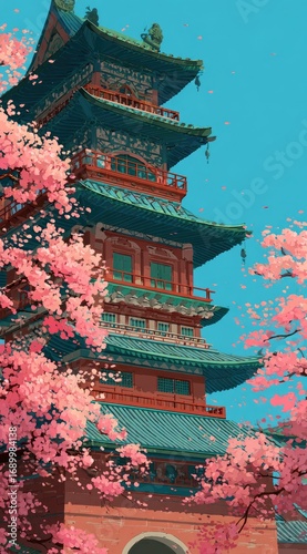 A tall, multi-tiered, East Asian-style pagoda framed by blooming pink cherry blossom branches against a clear blue sky in an illustrative rendering