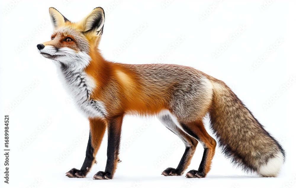Fototapeta premium Adult red fox standing and looking attentively to the side against a white background showing detailed fur texture and bushy tail