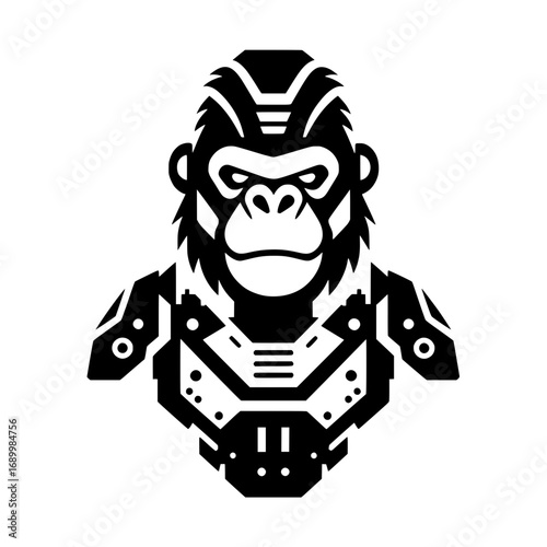 Vector illustration of a gorilla head with a futuristic design, wearing advanced armor with mechanical elements. 